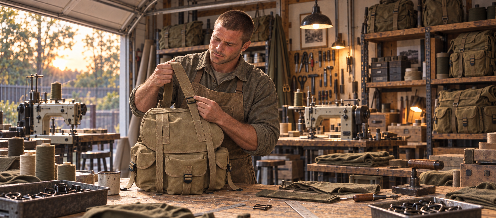 Thomas making and inspecting canvas gear in his workshop