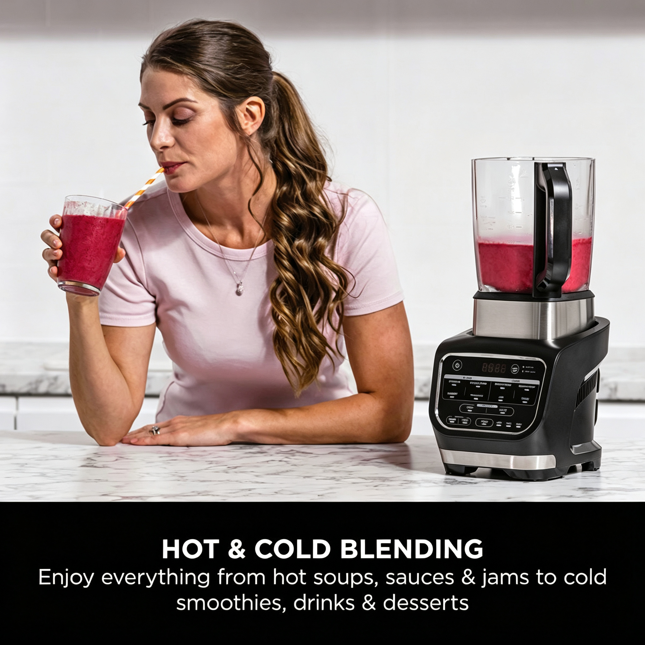 Foodi Blender & Soup Maker | 10 Auto-iQ Programs, 1.7L Glass Jug, Hot & Cold Blender, Built-In Heating Element, Tamper, Cleaning Program & Brush, 1000W, Black | HB150UK