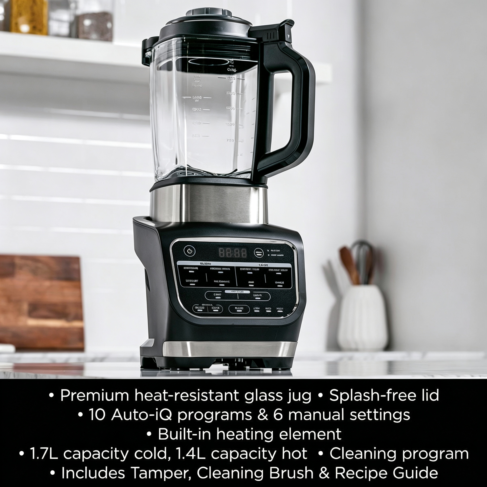 Foodi Blender & Soup Maker | 10 Auto-iQ Programs, 1.7L Glass Jug, Hot & Cold Blender, Built-In Heating Element, Tamper, Cleaning Program & Brush, 1000W, Black | HB150UK