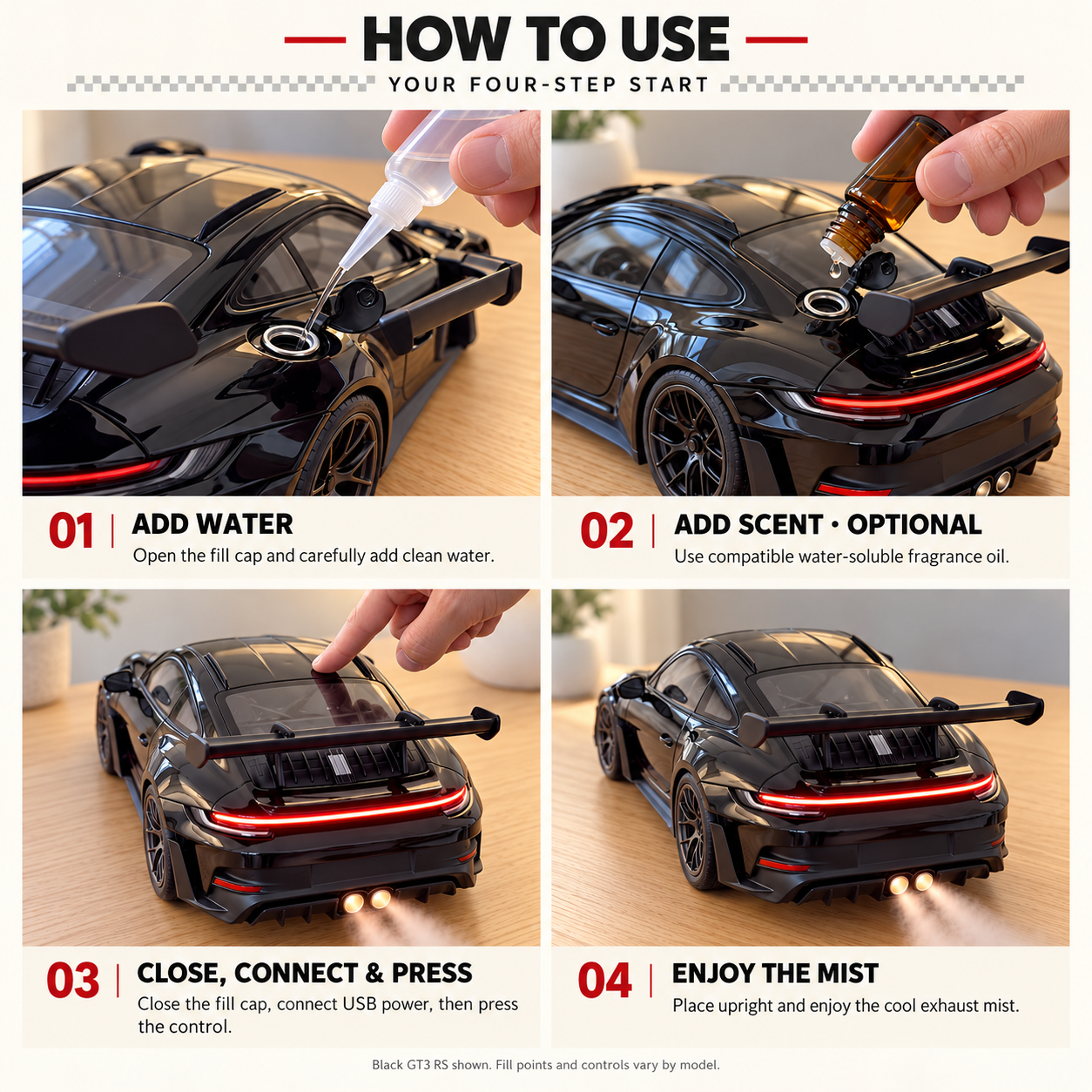 Complete four-step Black GT3 RS setup guide: add water, optionally add compatible water-soluble scent, close the cap and connect USB power before pressing the control, then enjoy the exhaust mist