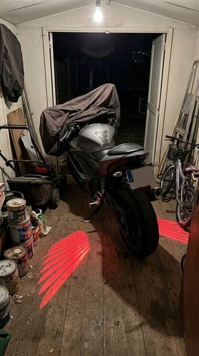 Red angel wing projections in a garage, from the review attributed to Joshua F.