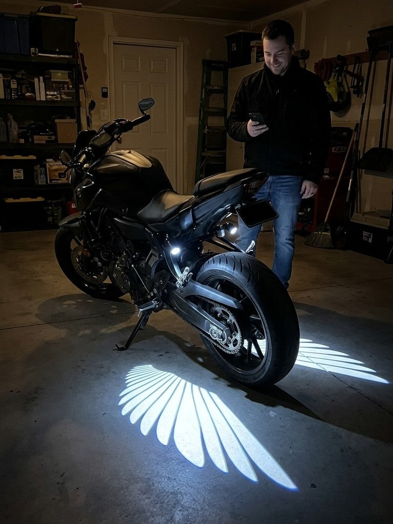 White wing projections beside a motorcycle in a garage