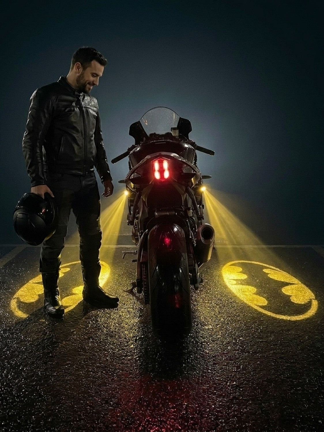 Rider standing beside a motorcycle with golden bat projections