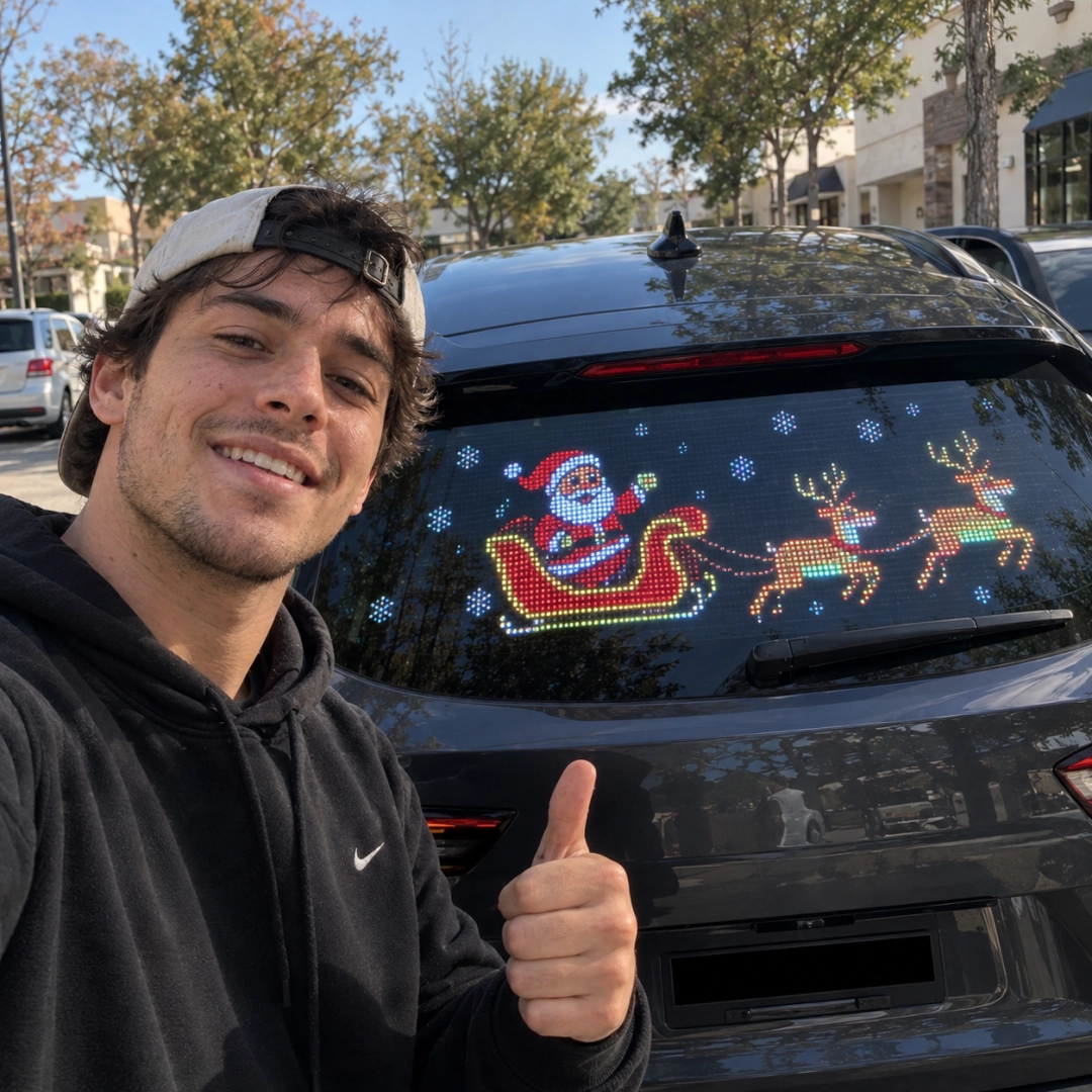 Customer showing a festive LED car display