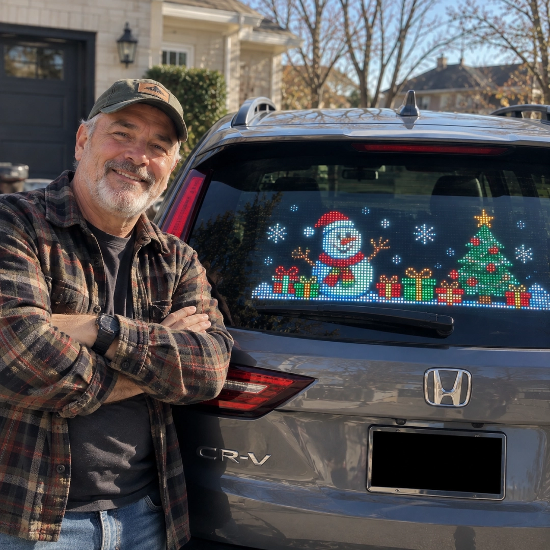 Customer enjoying animated holiday car display