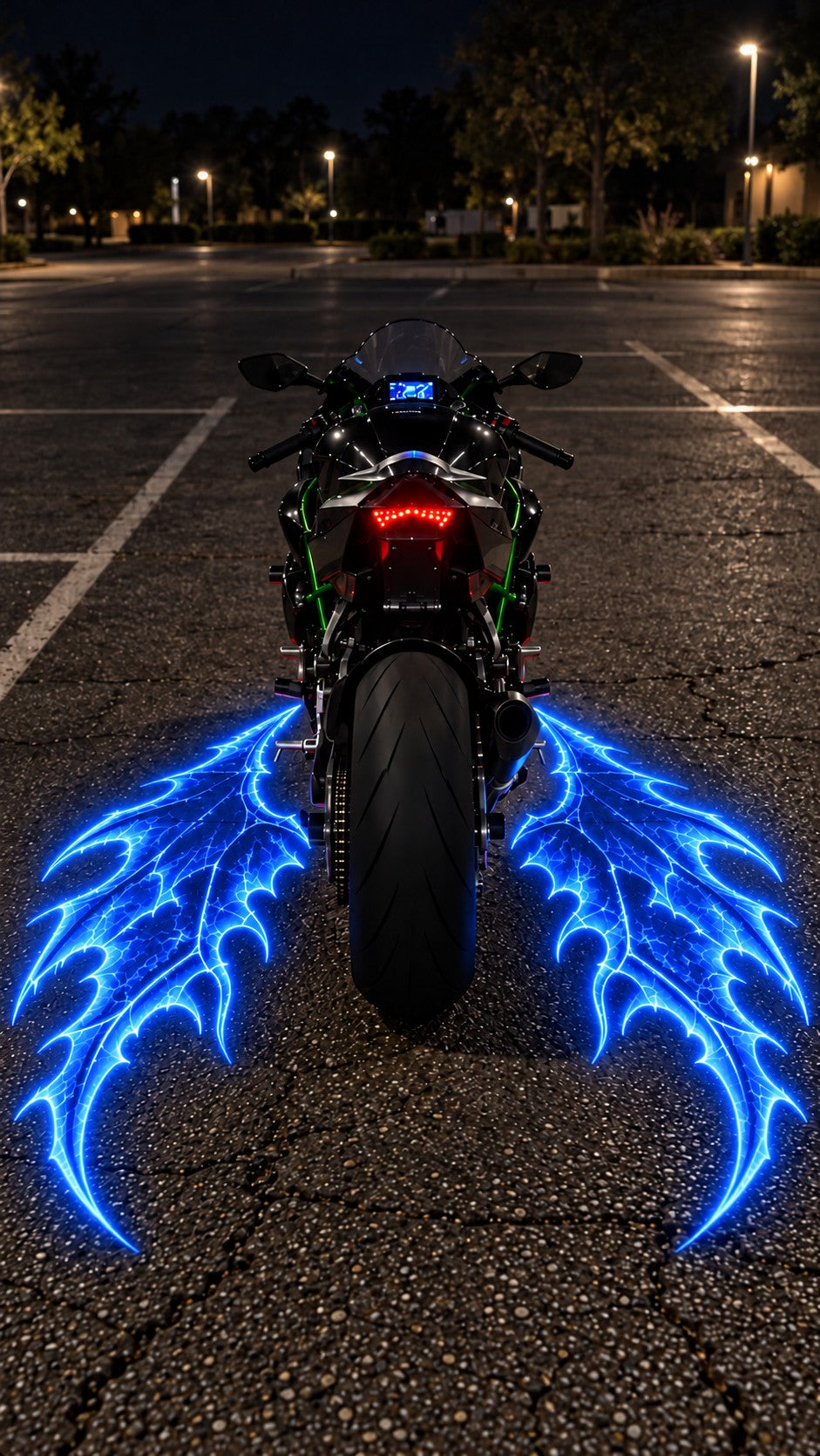 Illustrative blue demon wing projections on both sides of a parked motorcycle