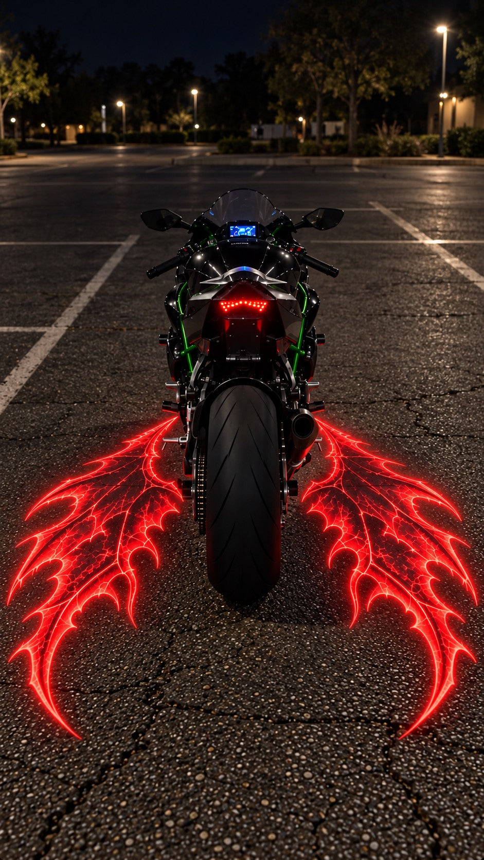 Illustrative red demon wing projections on both sides of a parked motorcycle