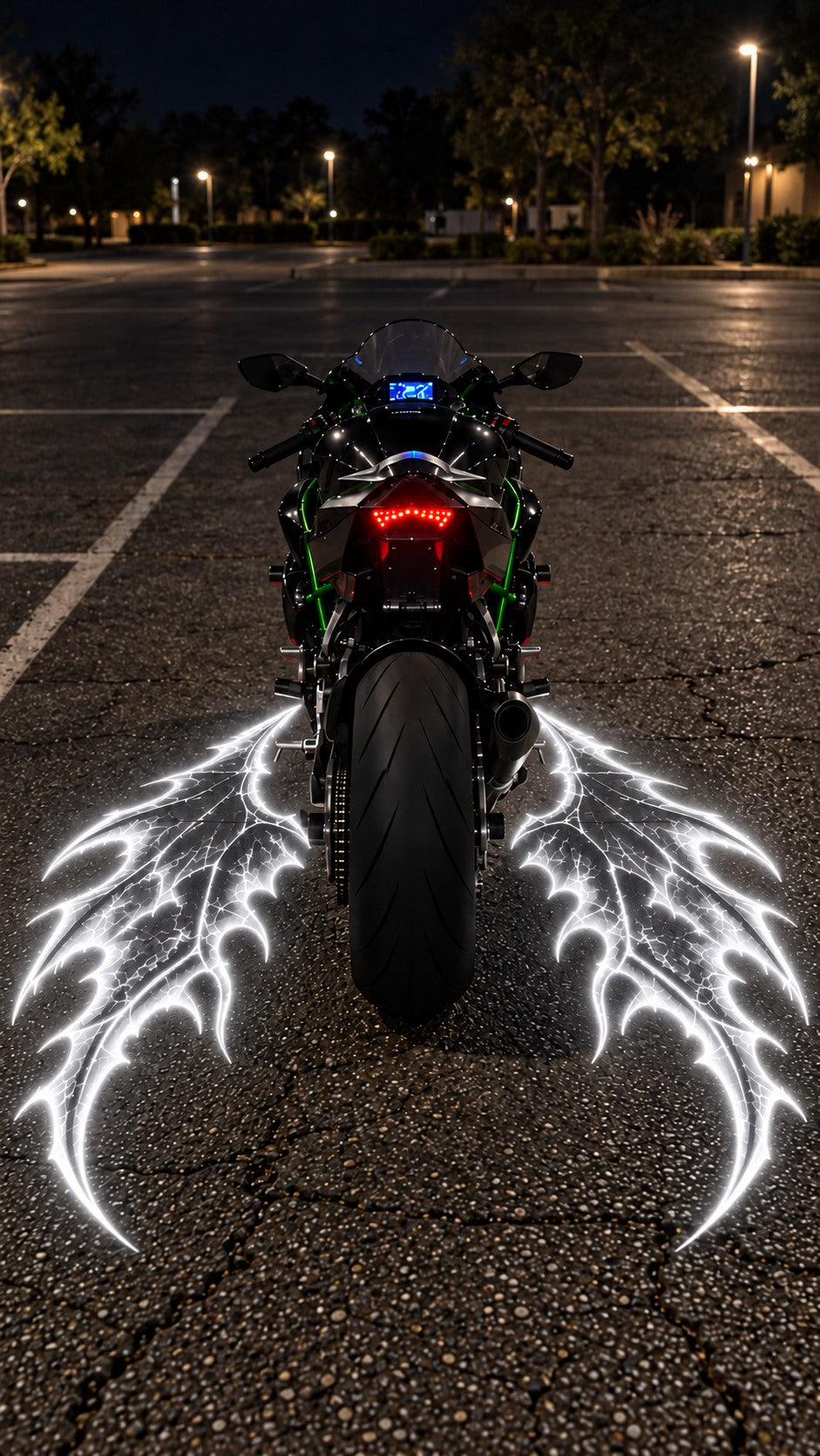 Illustrative white demon wing projections on both sides of a parked motorcycle