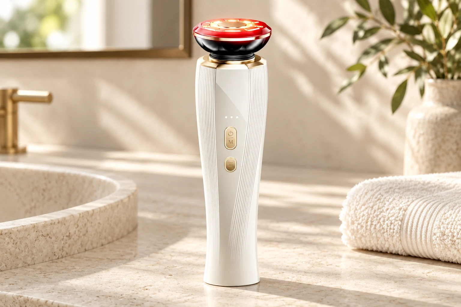 White facial beauty device on a light stone vanity