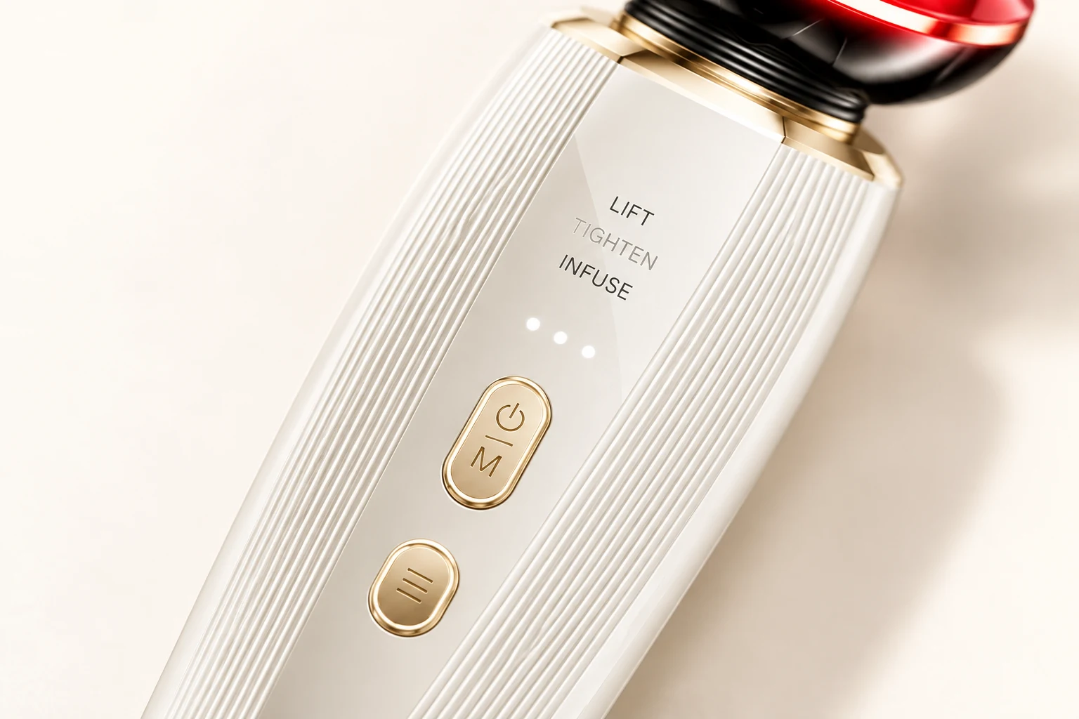 Close-up of the mode button, level button and ribbed handle