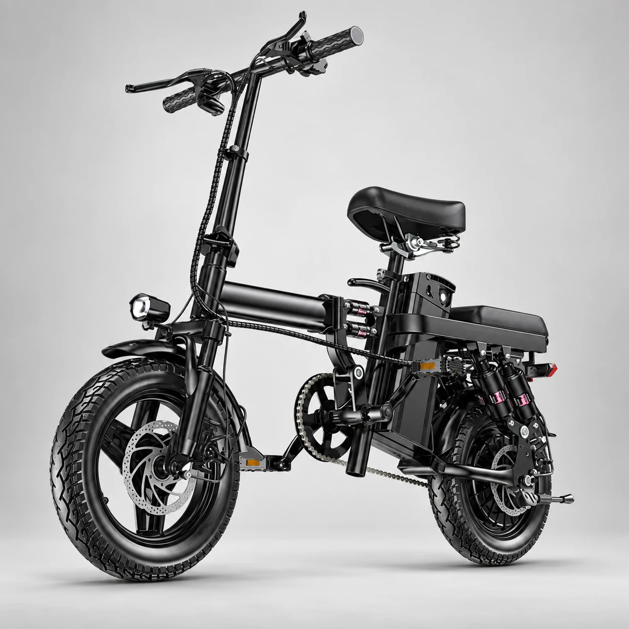 Black folding electric bicycle, front three-quarter view