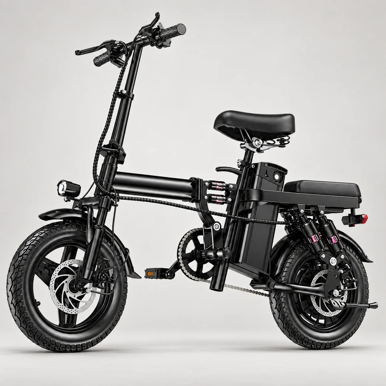 Compact black electric bike, side view