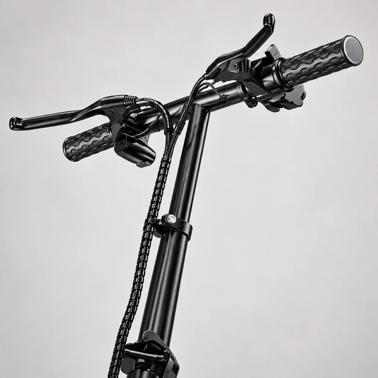 Handlebar grips, brake levers and folding stem detail