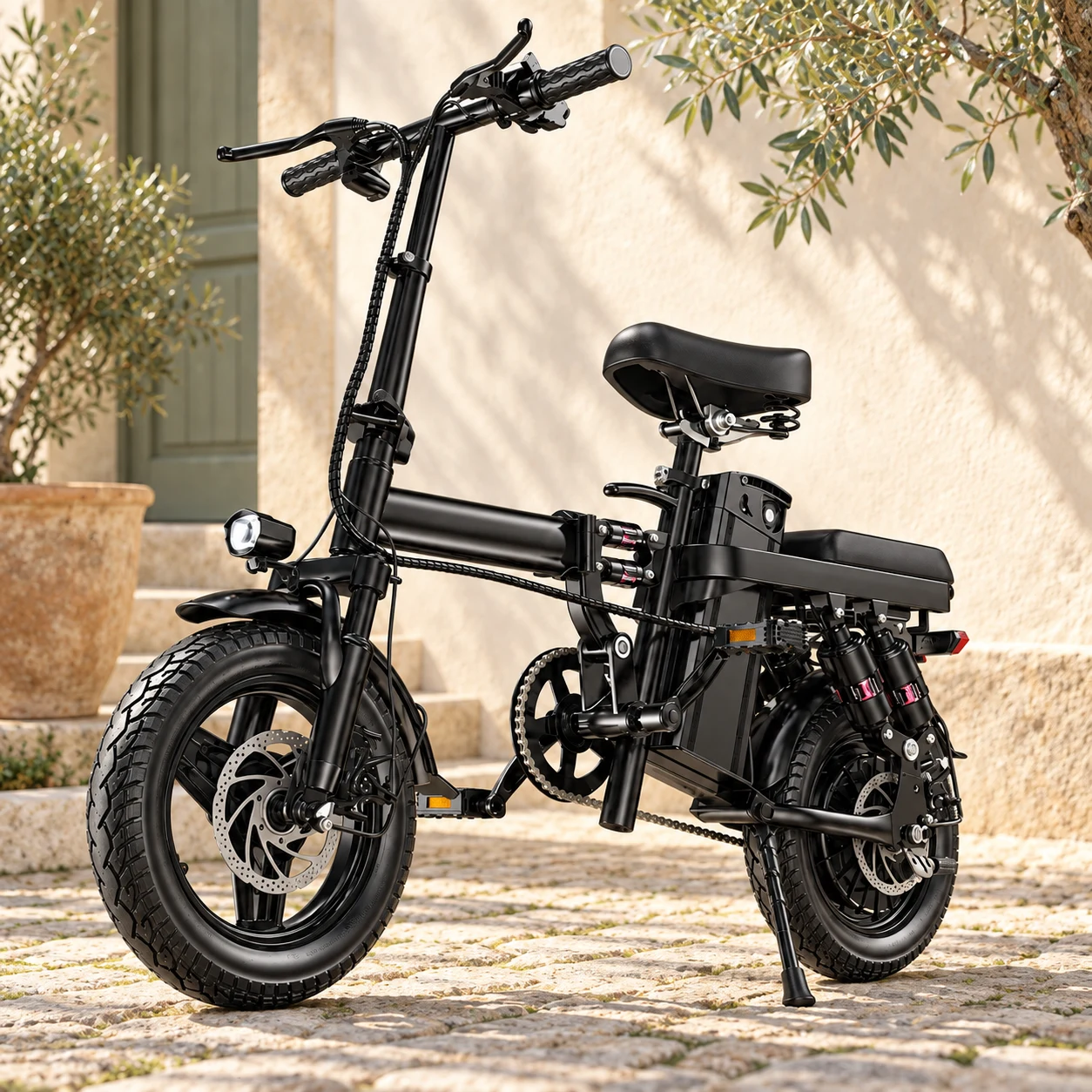 Black folding electric bicycle in a courtyard