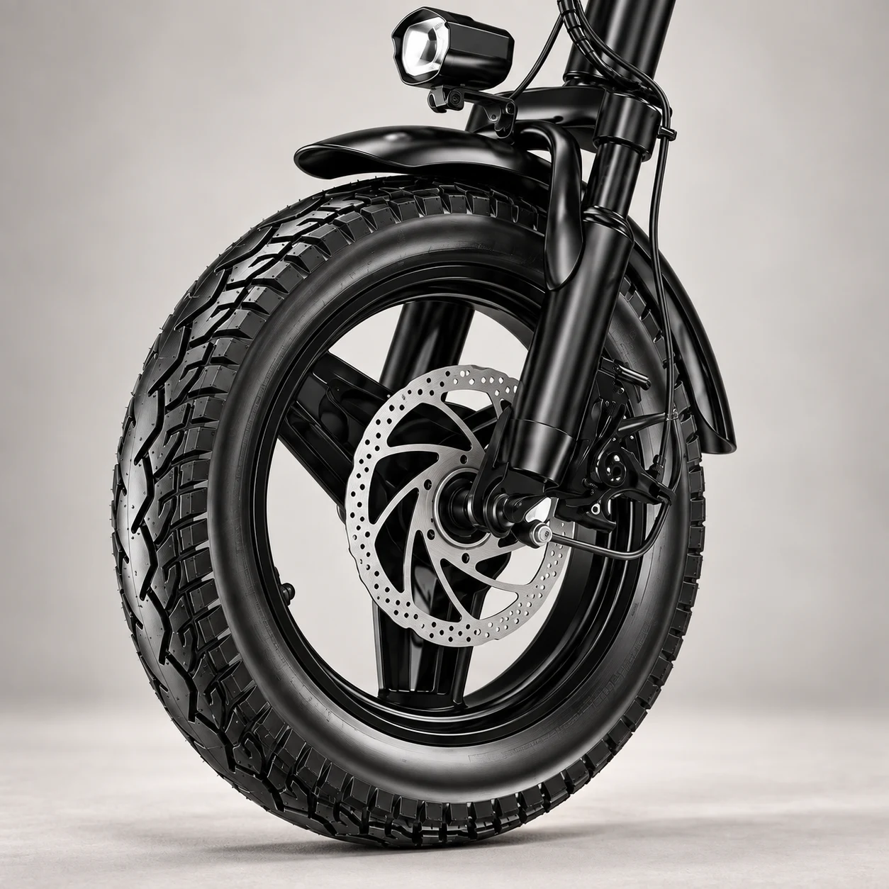 Front disc brake, tyre, fork and headlight detail