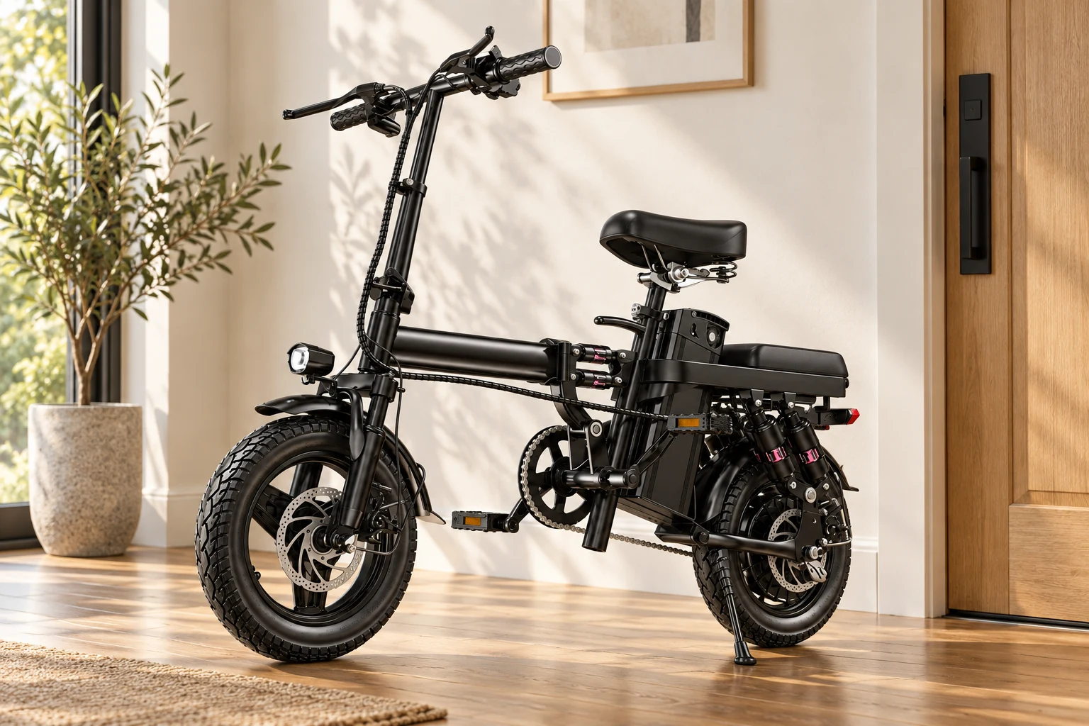 Compact black electric bicycle parked beside a bright home entrance