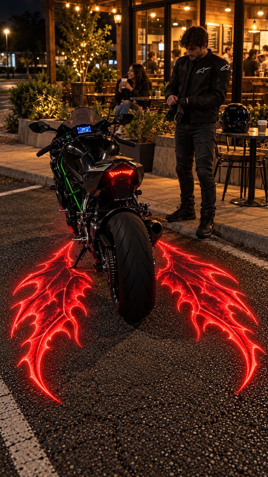 Illustrative red demon wing projections beside a motorcycle parked outside a cafe