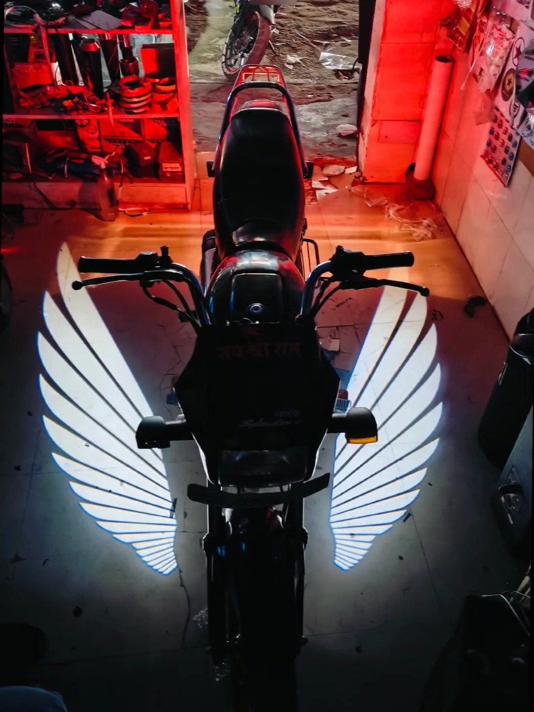White wing projections on a workshop floor