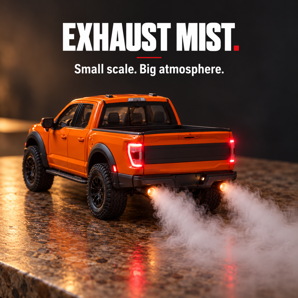 Orange Raptor diffuser with a visible plume from the rear exhaust area