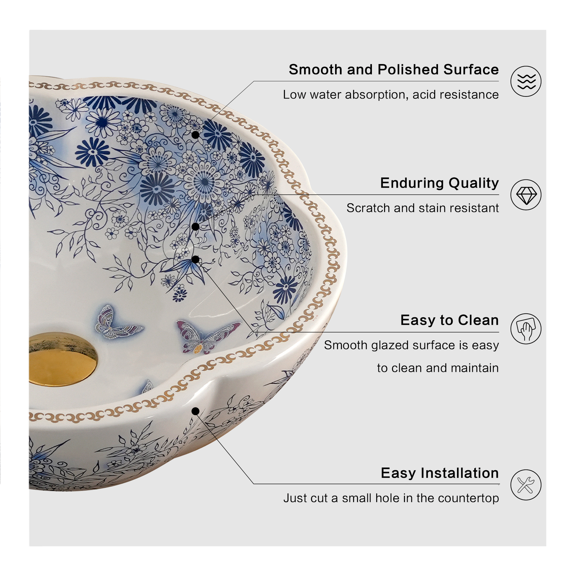 Ceramic washbasin with white petal print