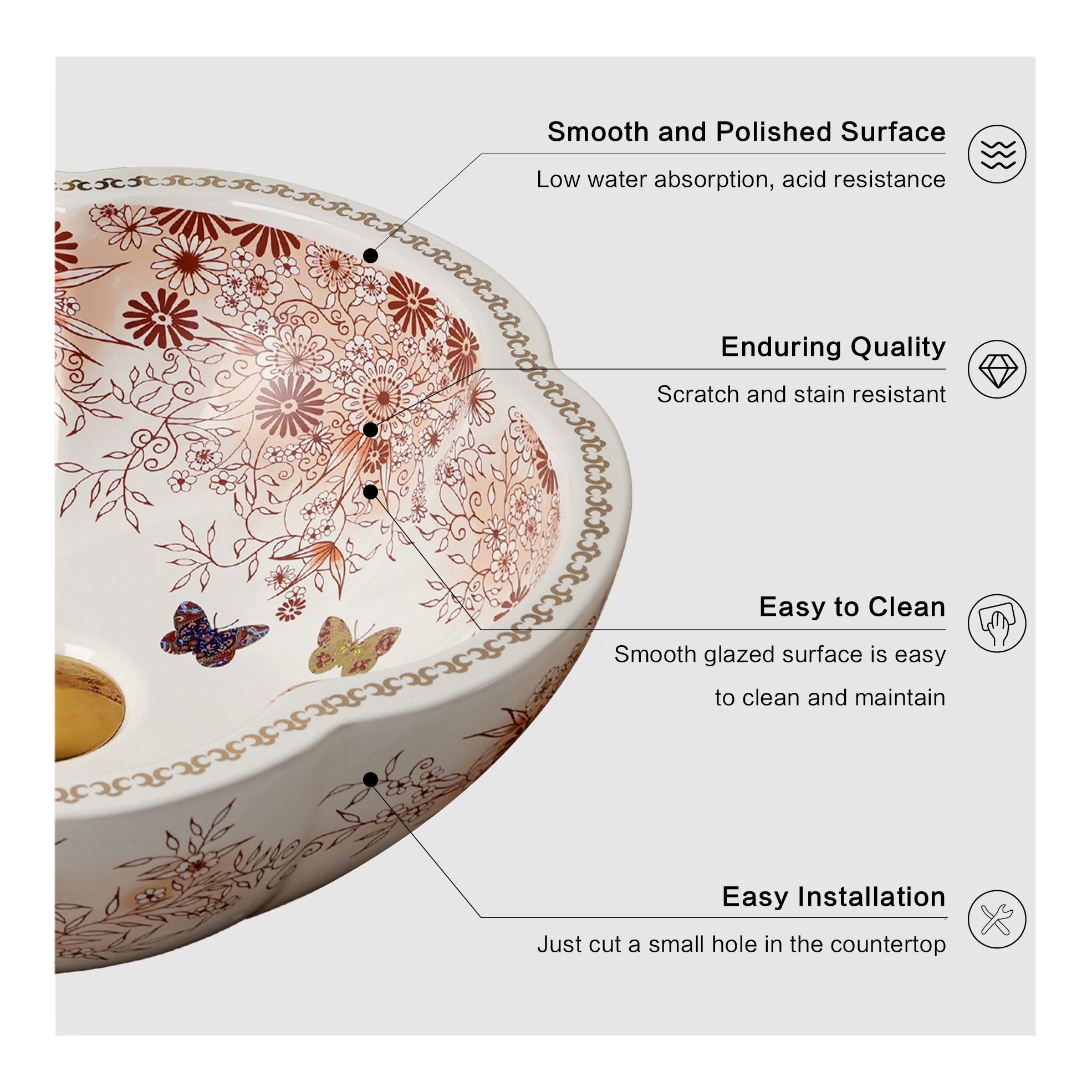 Ceramic washbasin with a pink and white floral print
