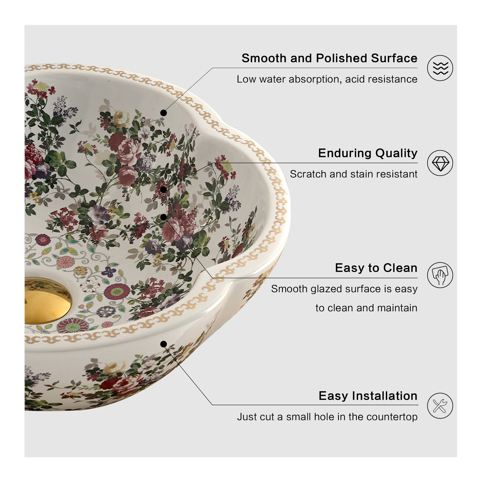 Ceramic washbasin with white petal print