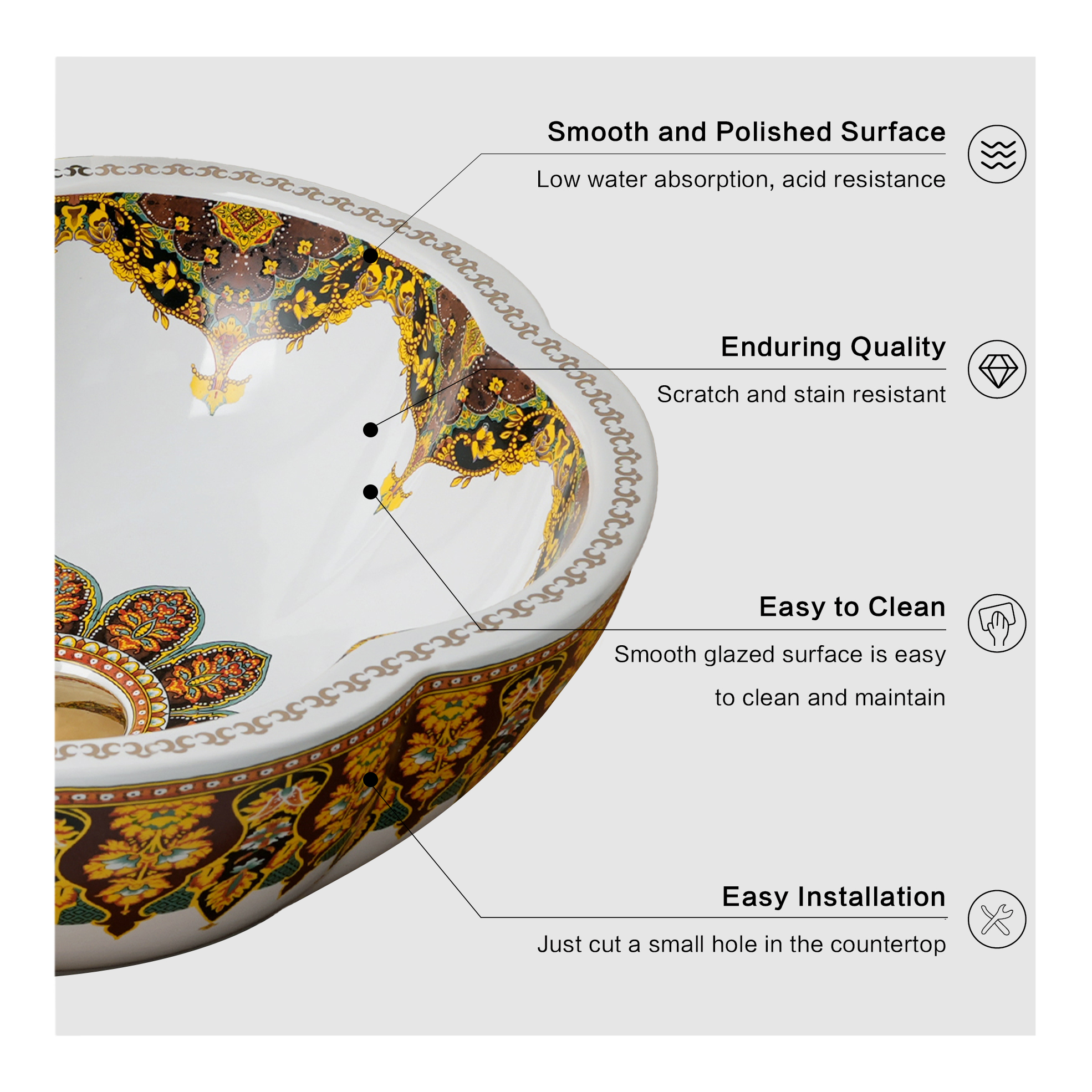 Ceramic washbasin with a yellow and white floral print