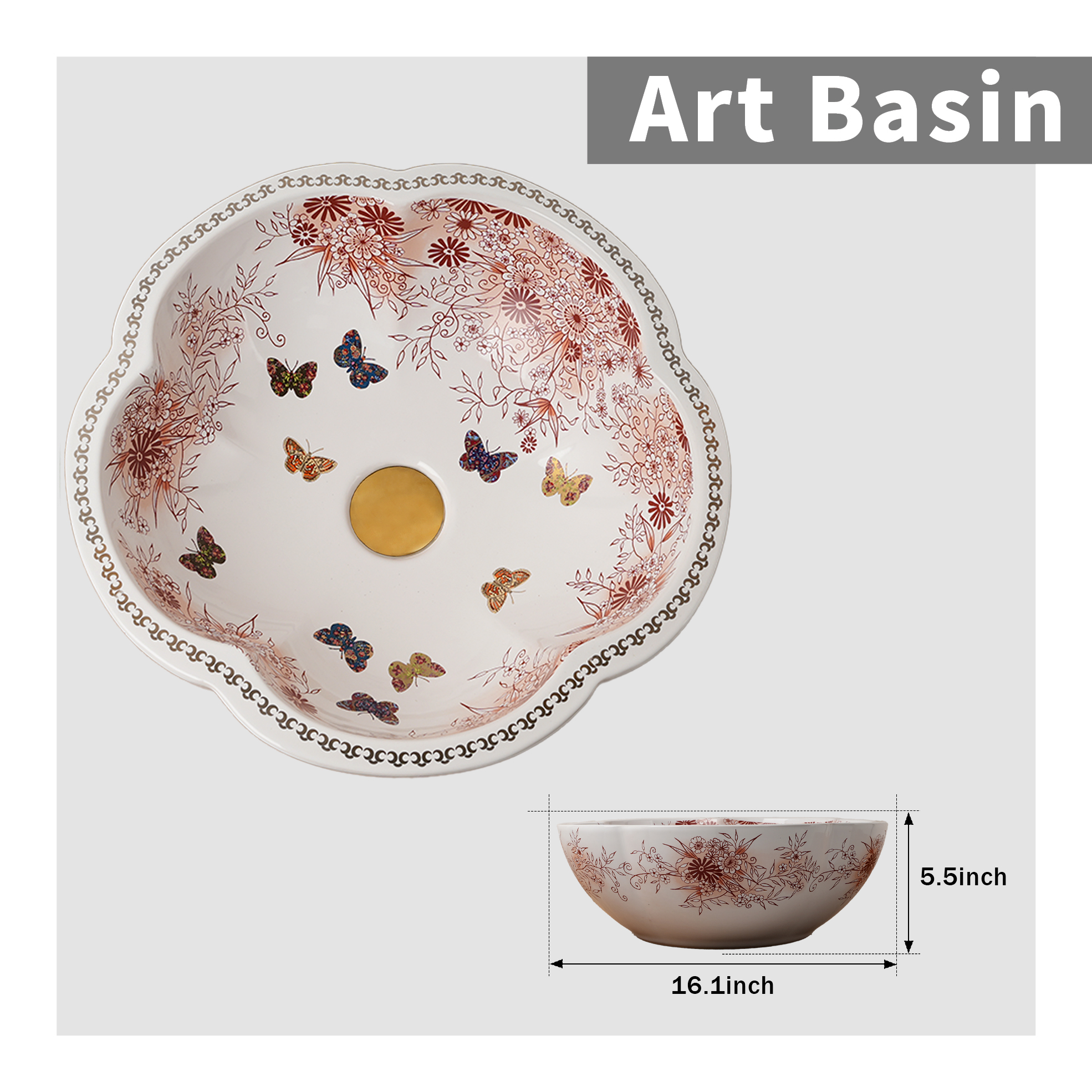 Ceramic washbasin with a pink and white floral print