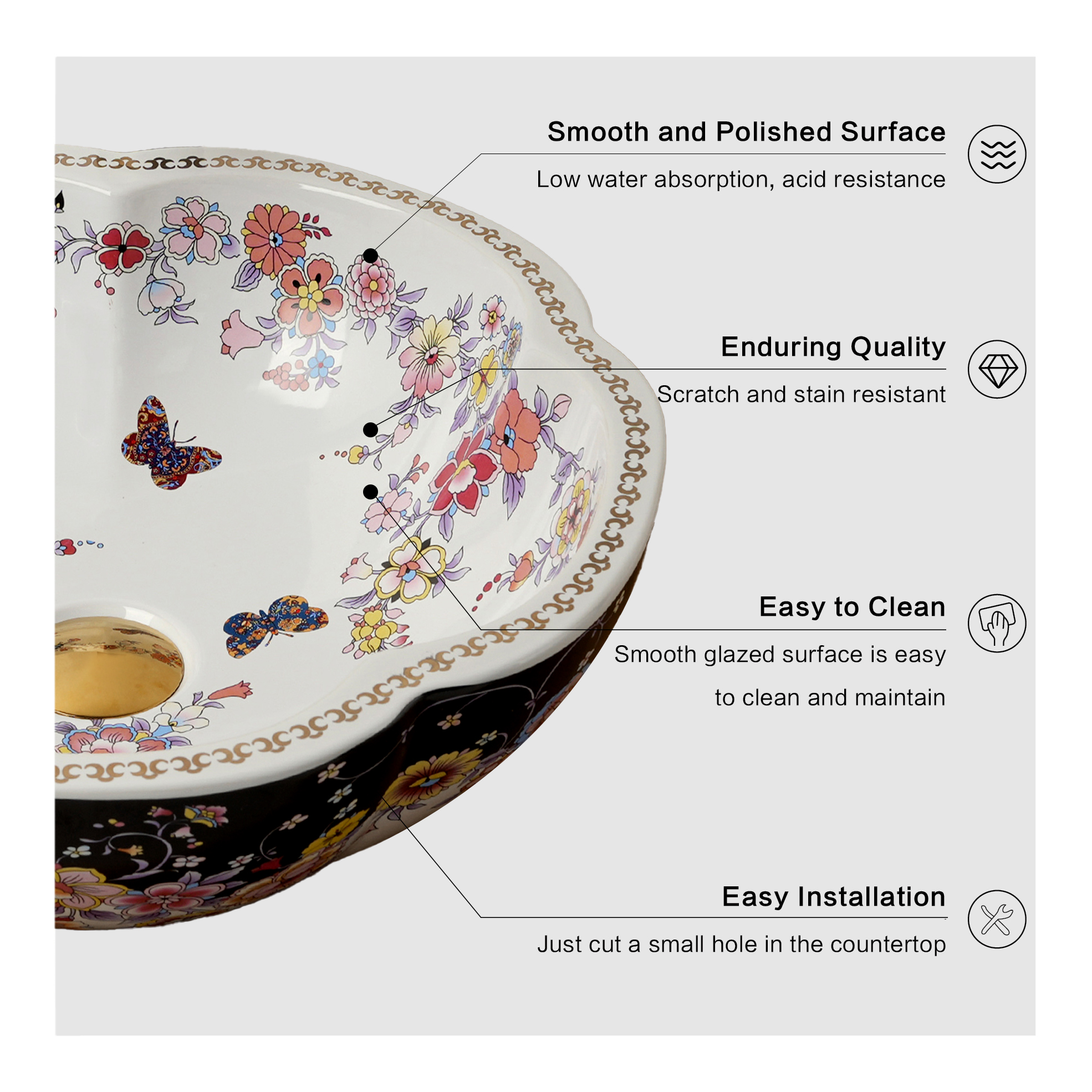 Ceramic washbasin with black and white floral print