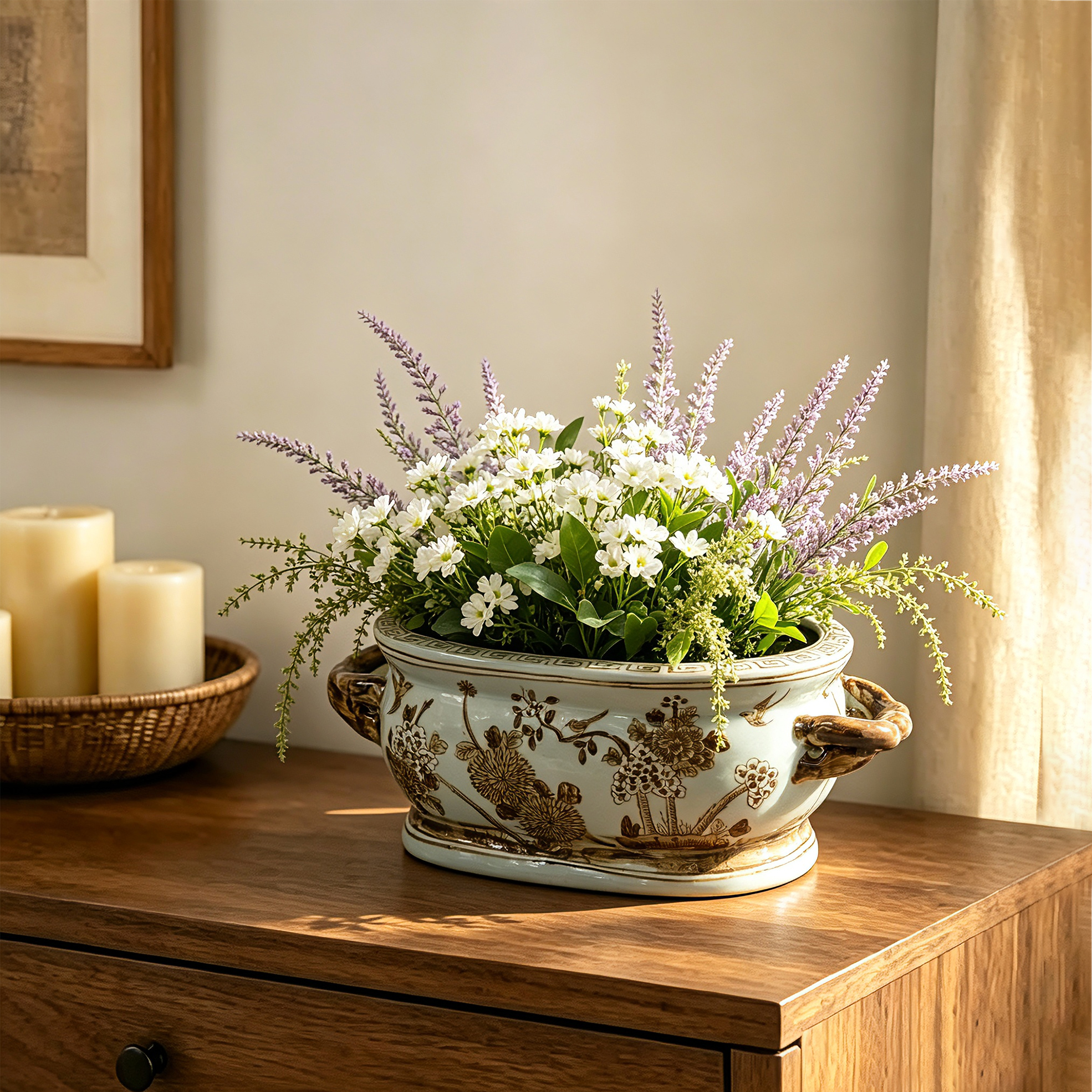 Brown antique hand-painted double-handled ceramic flower pot 80