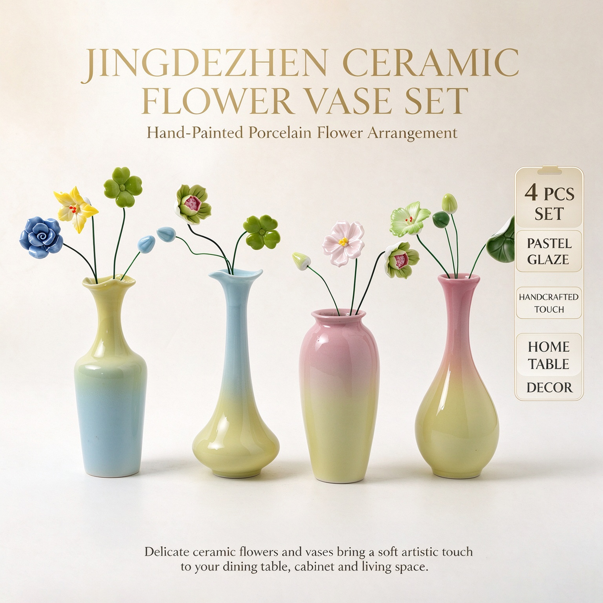 4 PCS Jingdezhen Handmade Ceramic Flower Vase Set - Pastel Gradient Glaze