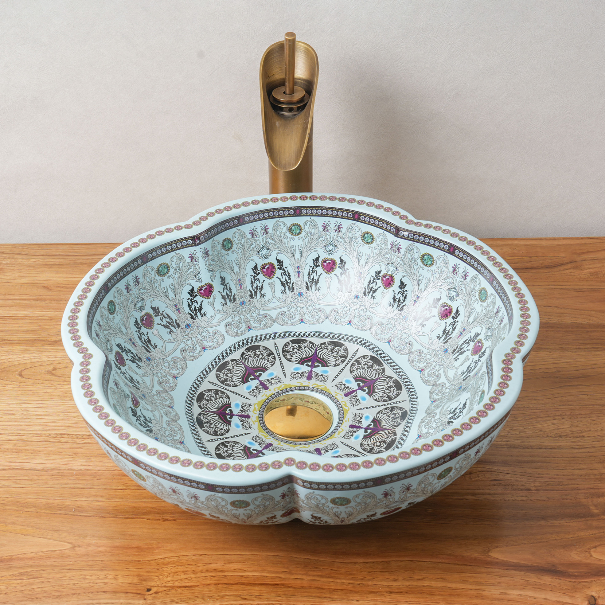 Cyan Ceramic Washbasin with Petal Print