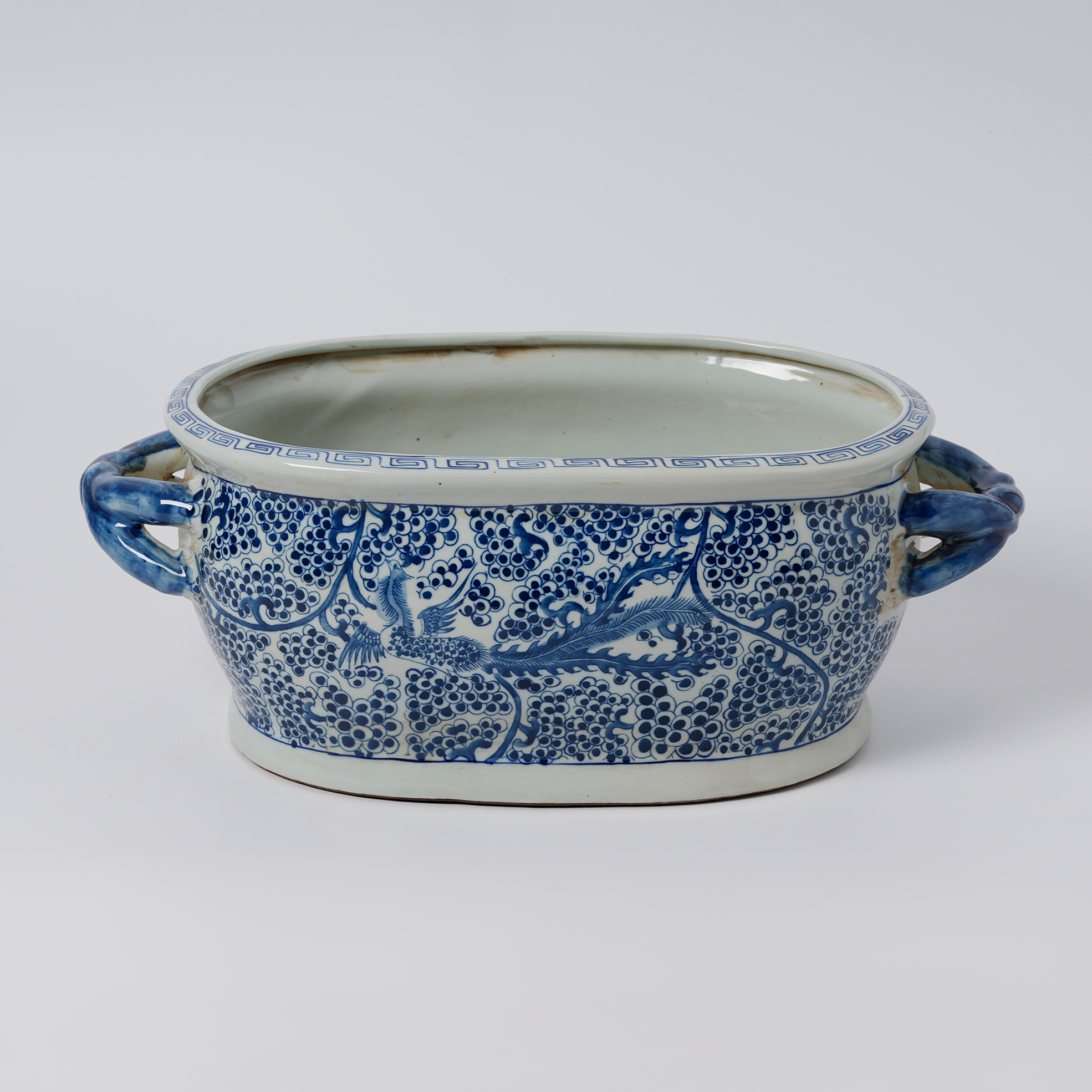 Antique blue and white porcelain flowerpot with hand-painted double handles 77