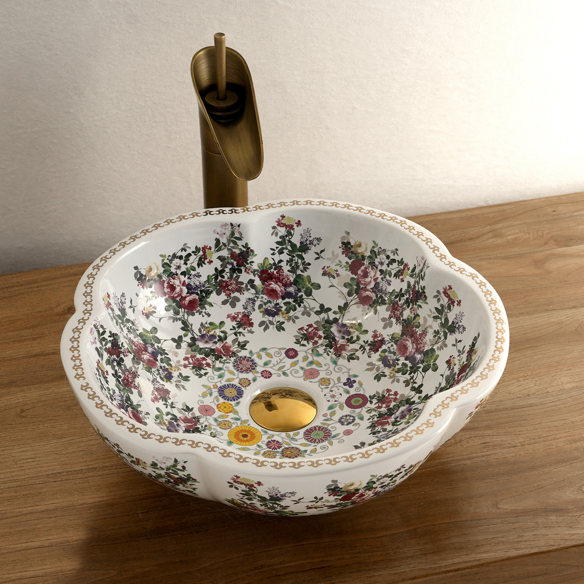 Ceramic washbasin with white petal print
