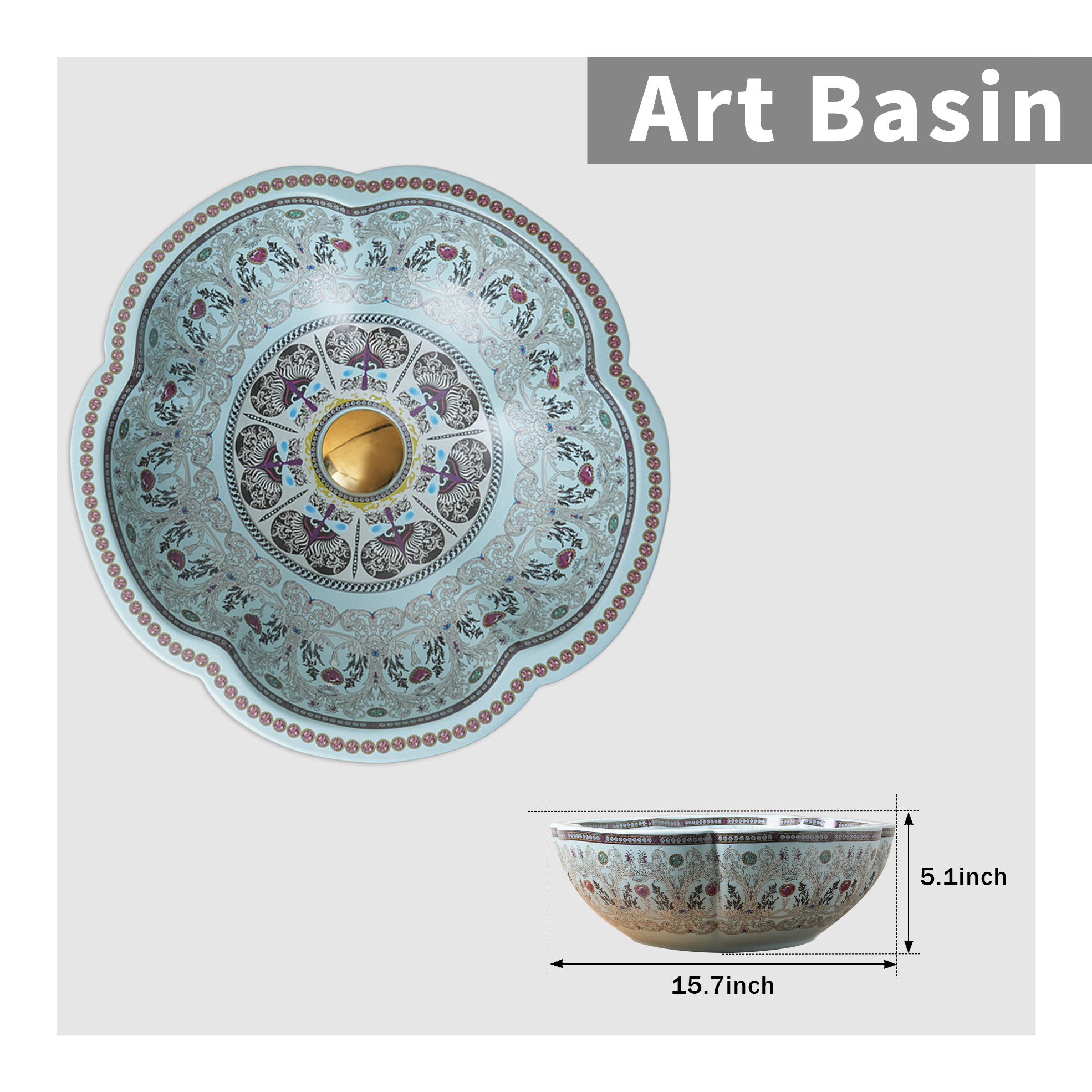 Cyan Ceramic Washbasin with Petal Print
