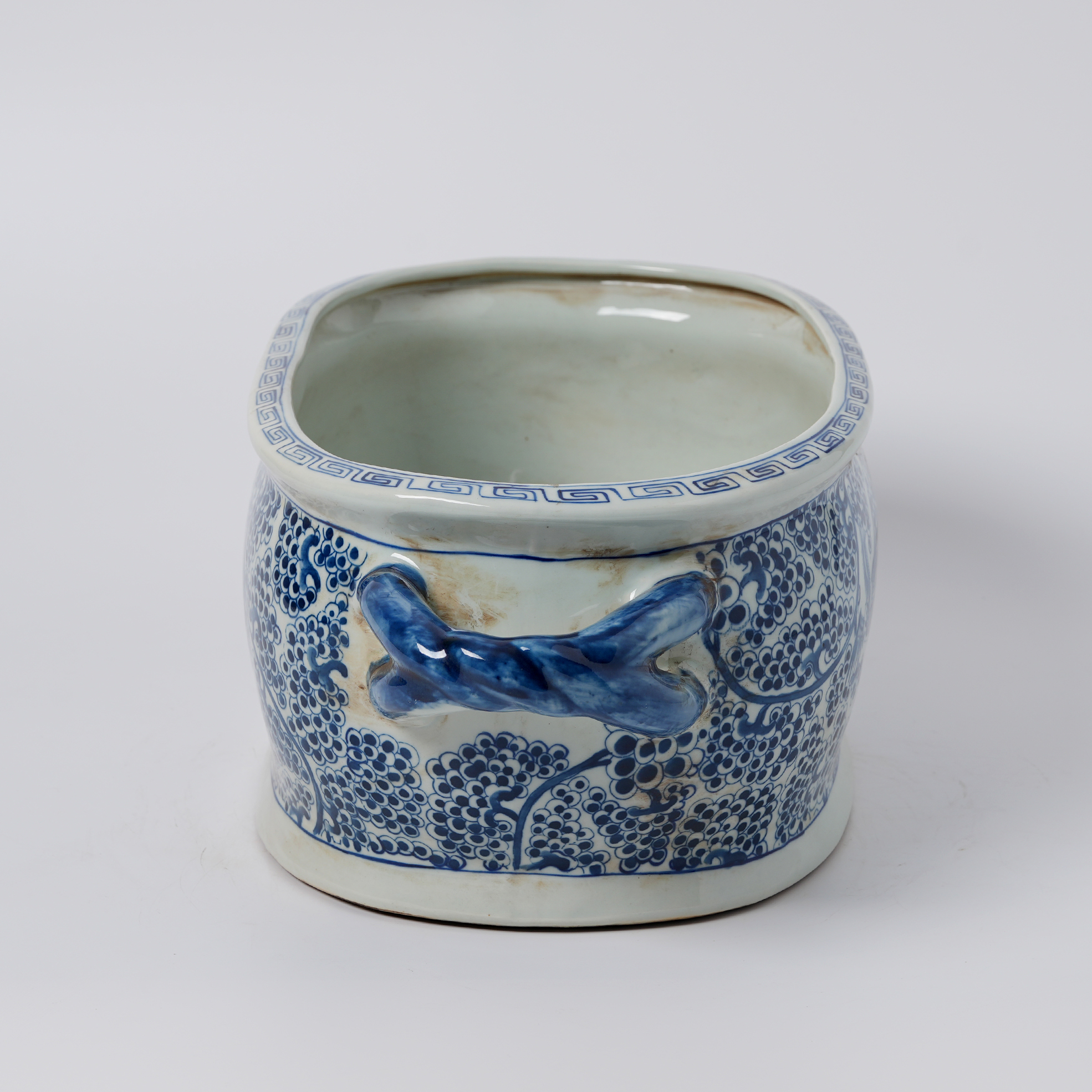 Antique blue and white porcelain flowerpot with hand-painted double handles 77