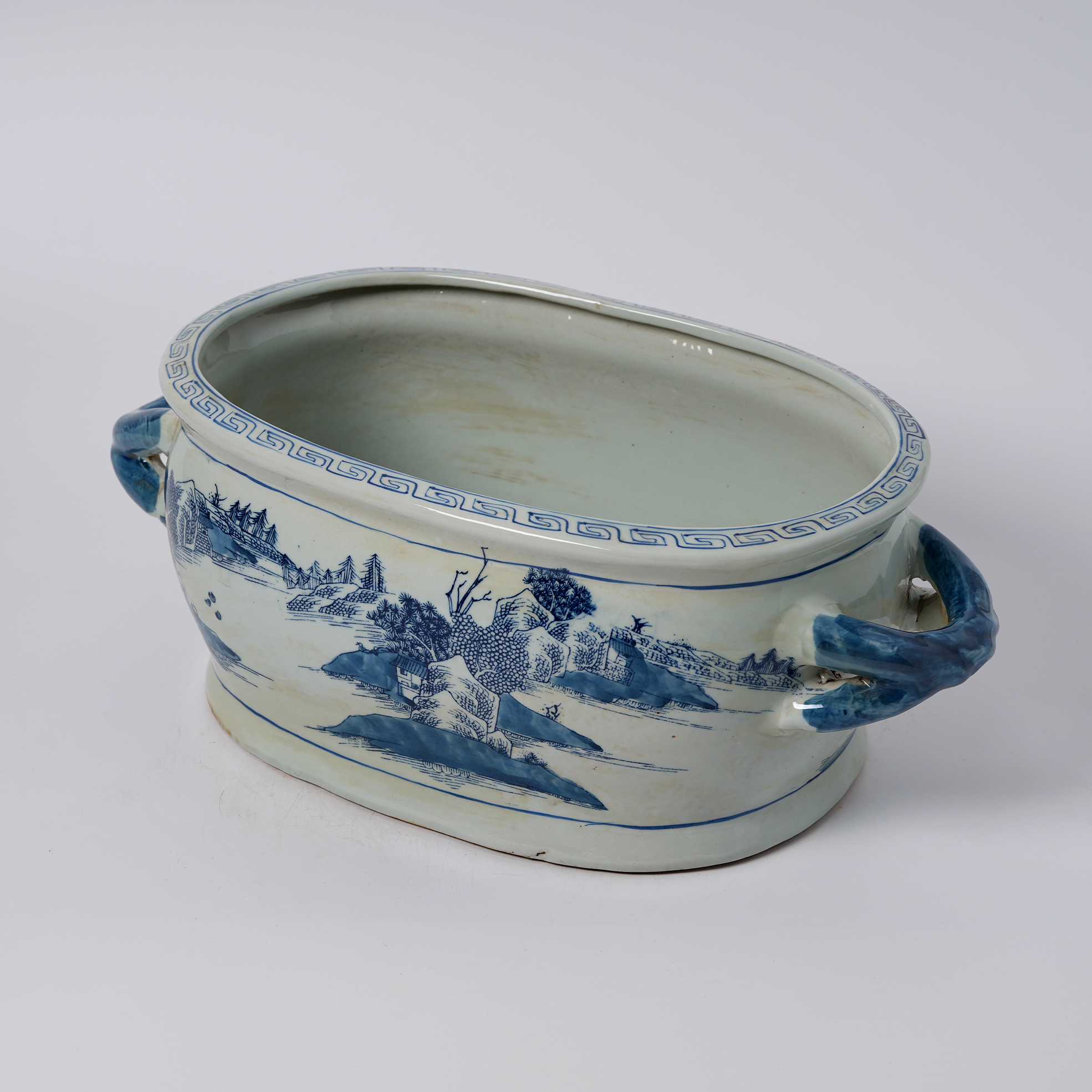 Antique blue and white porcelain flowerpot with hand-painted double handles 78