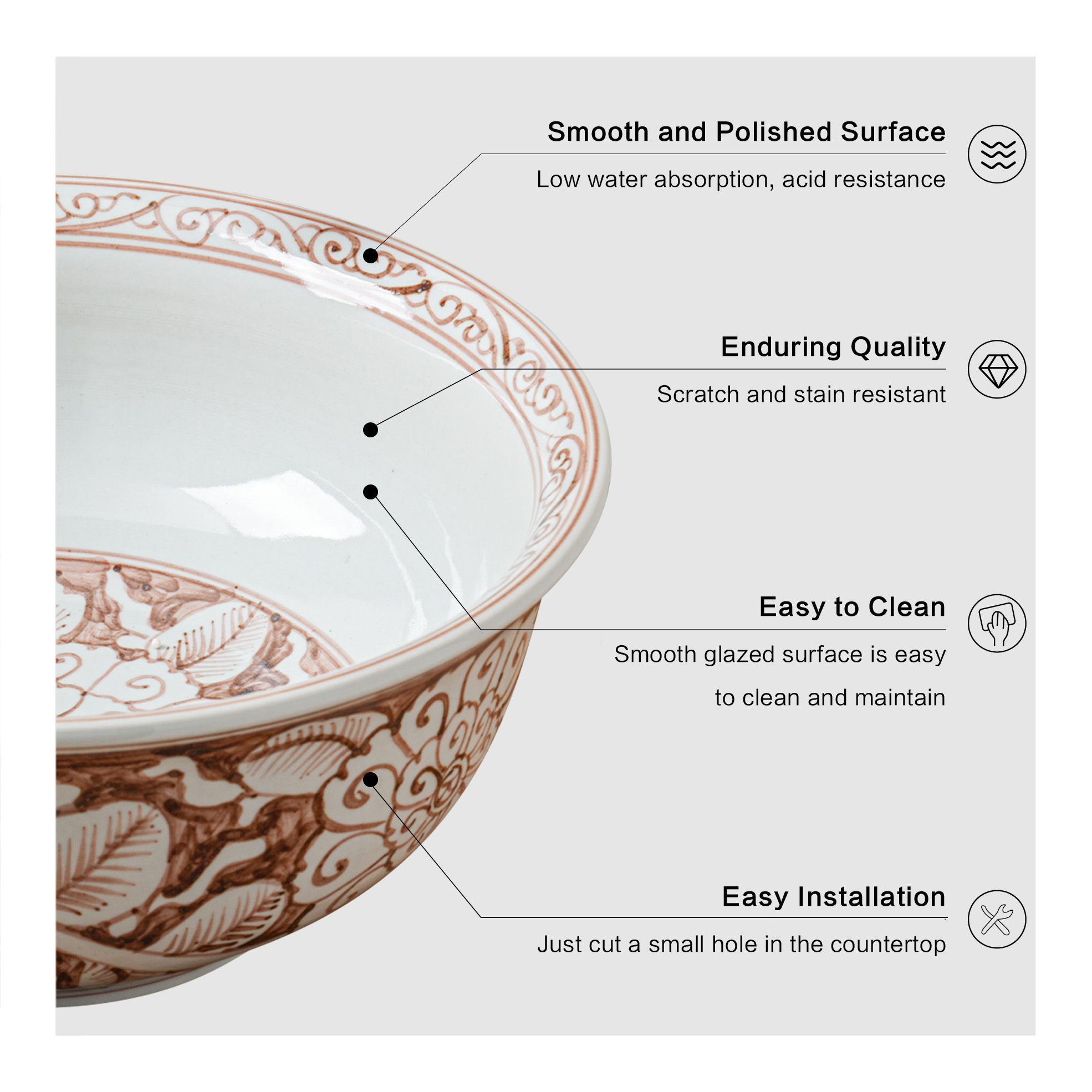 Round hand-painted ceramic washbasin