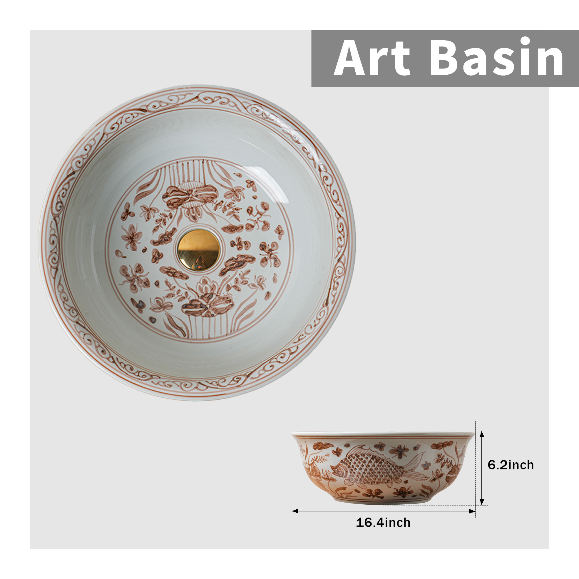 Round hand-painted ceramic washbasin