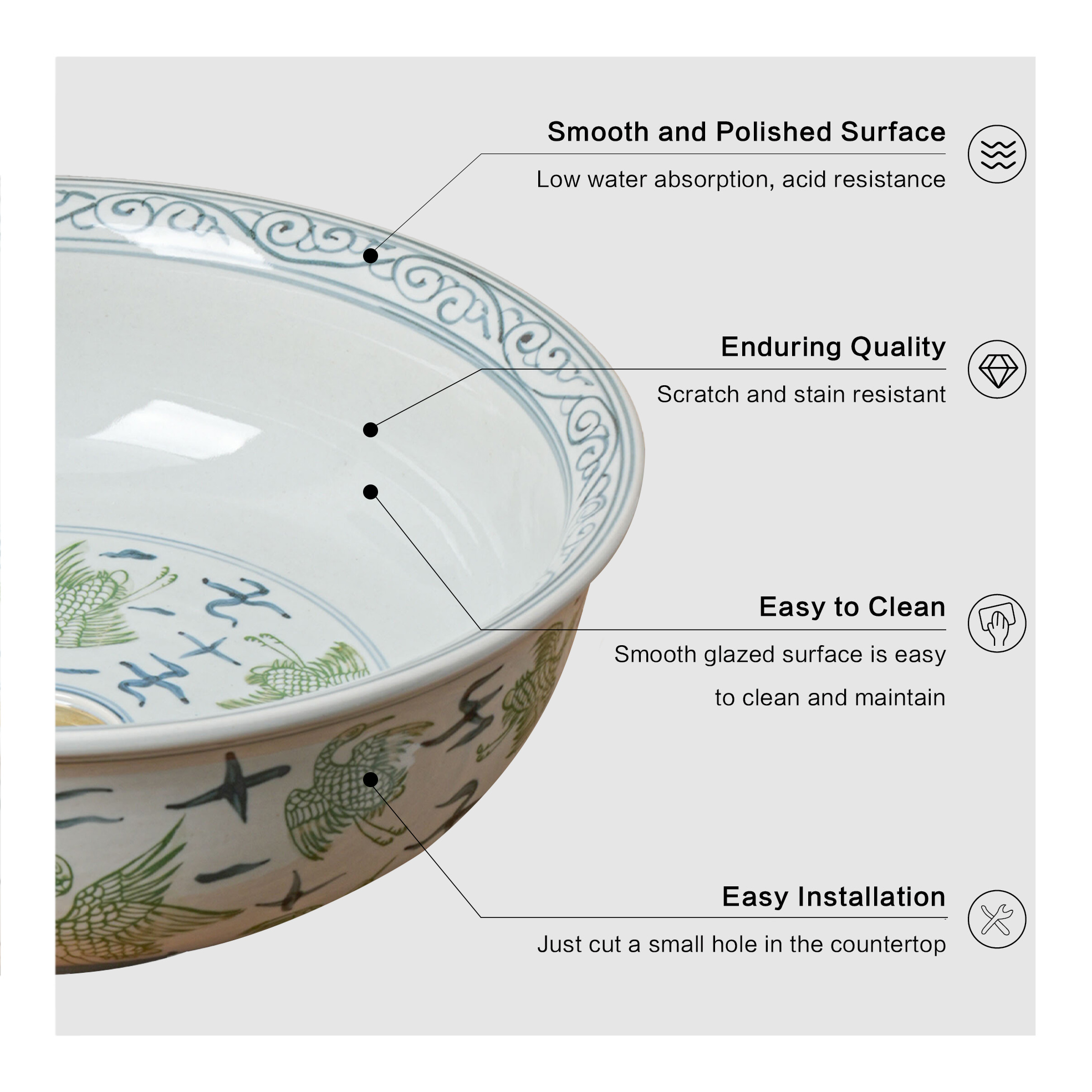 Round hand-painted ceramic washbasin