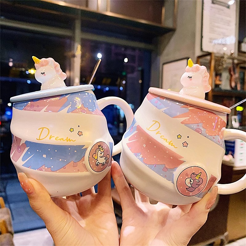 Dreamy Unicorn Rainbow Ceramic Mug with Lid & Spoon