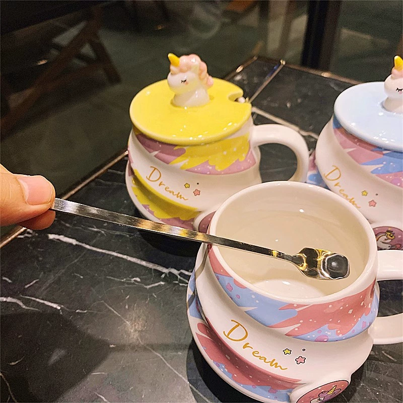 Dreamy Unicorn Rainbow Ceramic Mug with Lid & Spoon