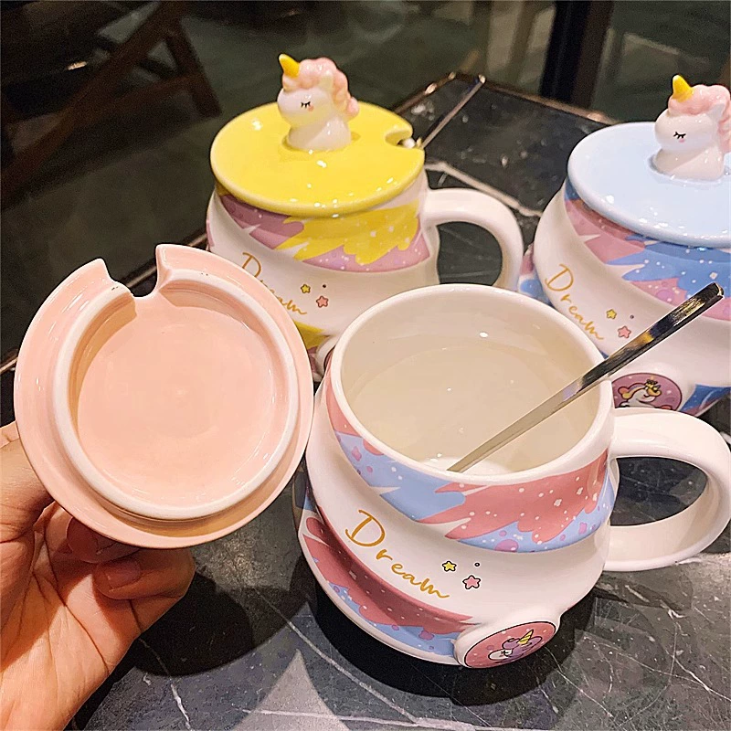 Dreamy Unicorn Rainbow Ceramic Mug with Lid & Spoon