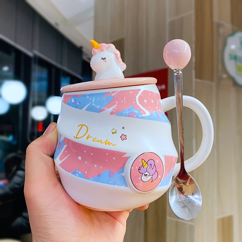 Dreamy Unicorn Rainbow Ceramic Mug with Lid & Spoon
