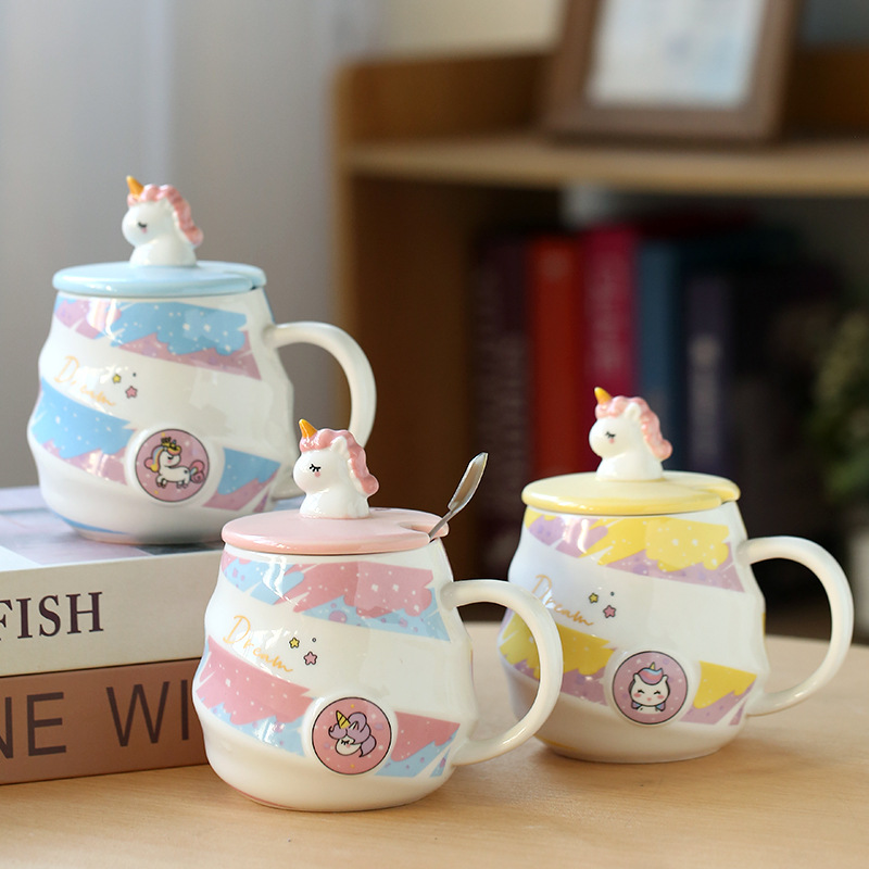 Dreamy Unicorn Rainbow Ceramic Mug with Lid & Spoon