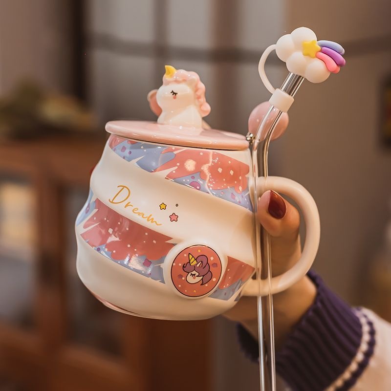 Dreamy Unicorn Rainbow Ceramic Mug with Lid & Spoon