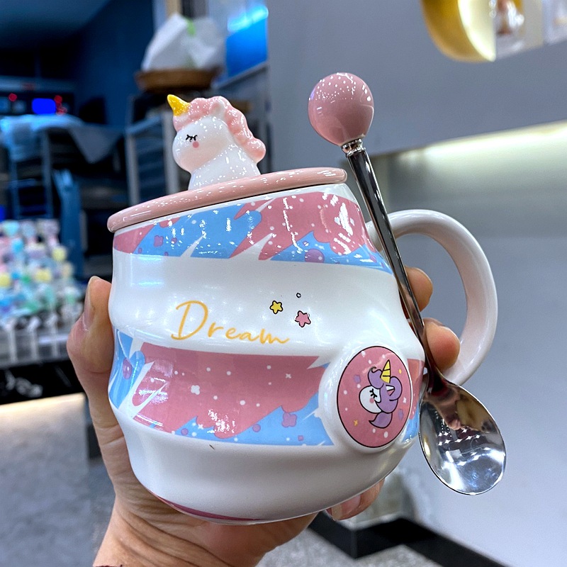 Dreamy Unicorn Rainbow Ceramic Mug with Lid & Spoon