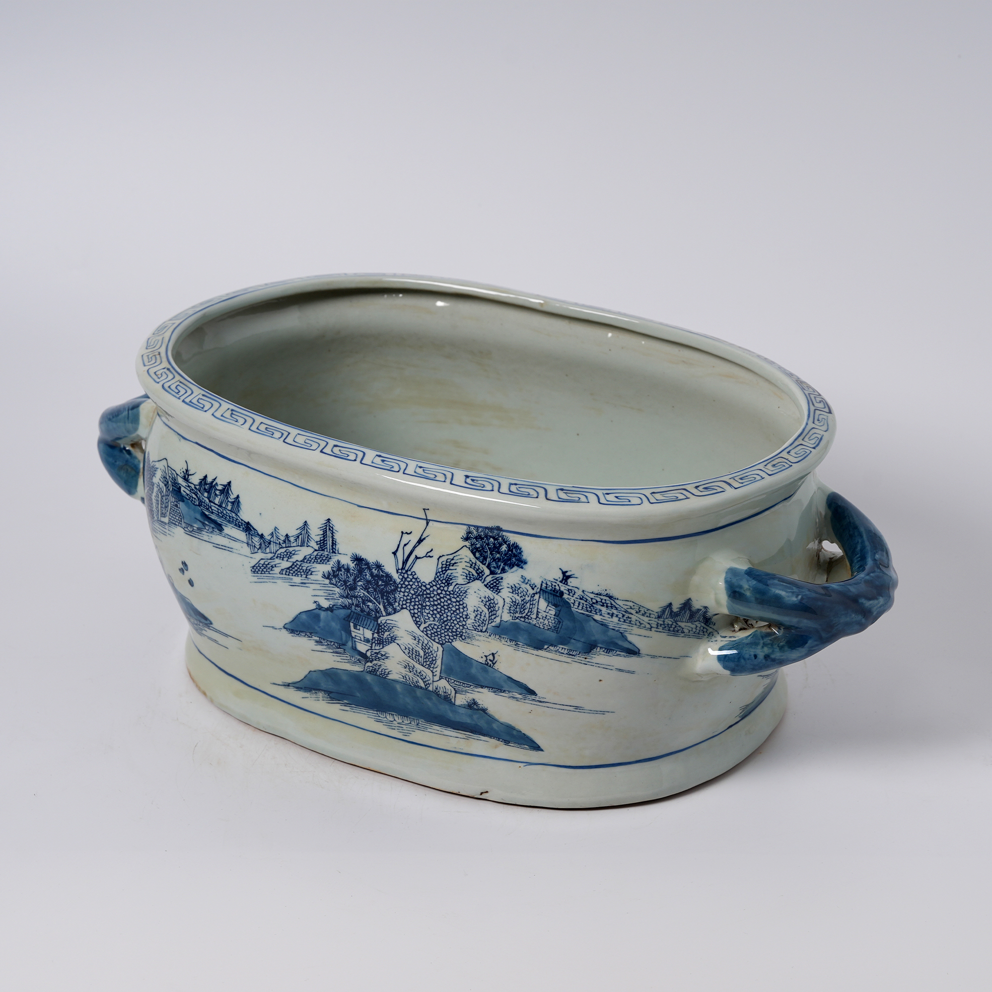 Antique blue and white porcelain flowerpot with hand-painted double handles 78