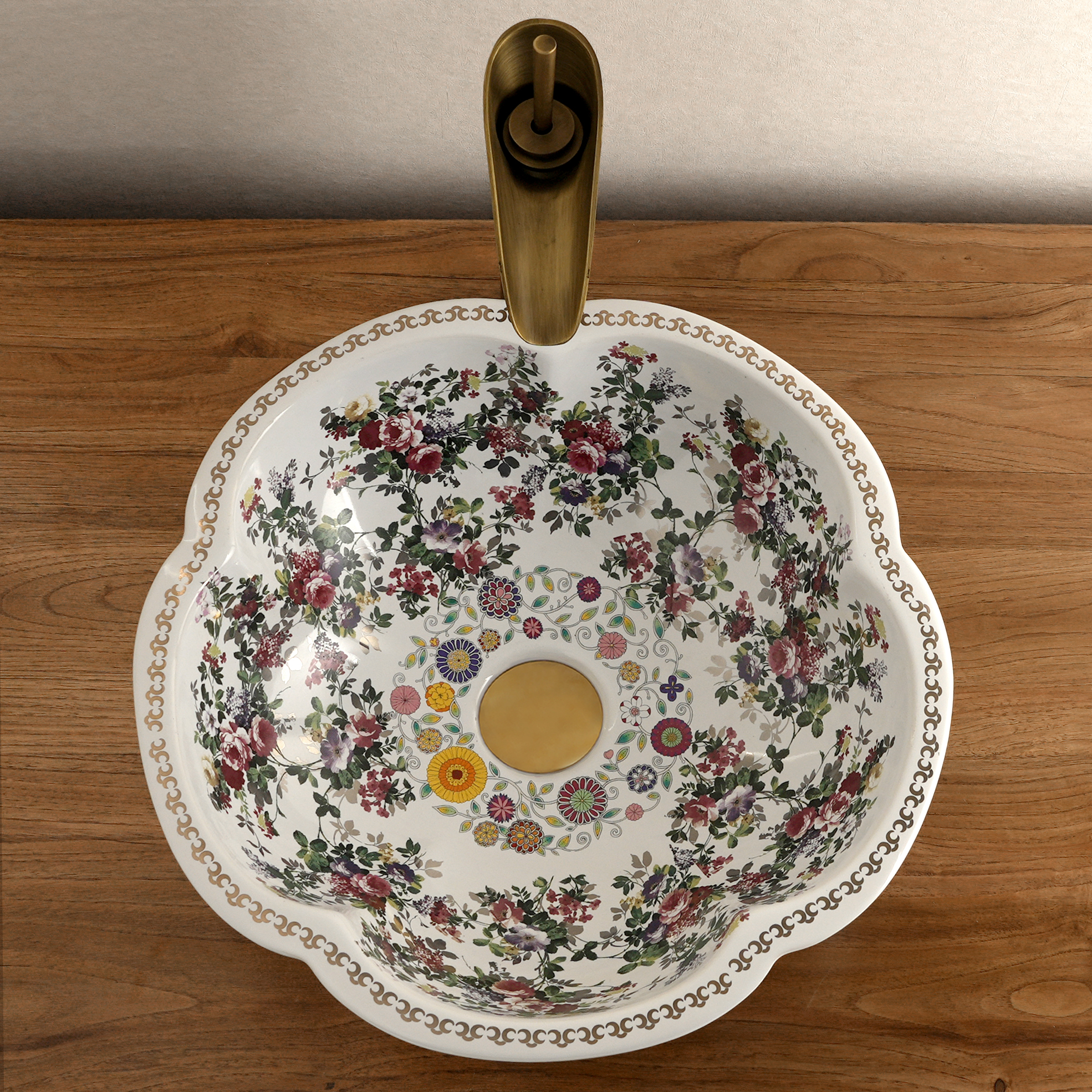 Ceramic washbasin with white petal print