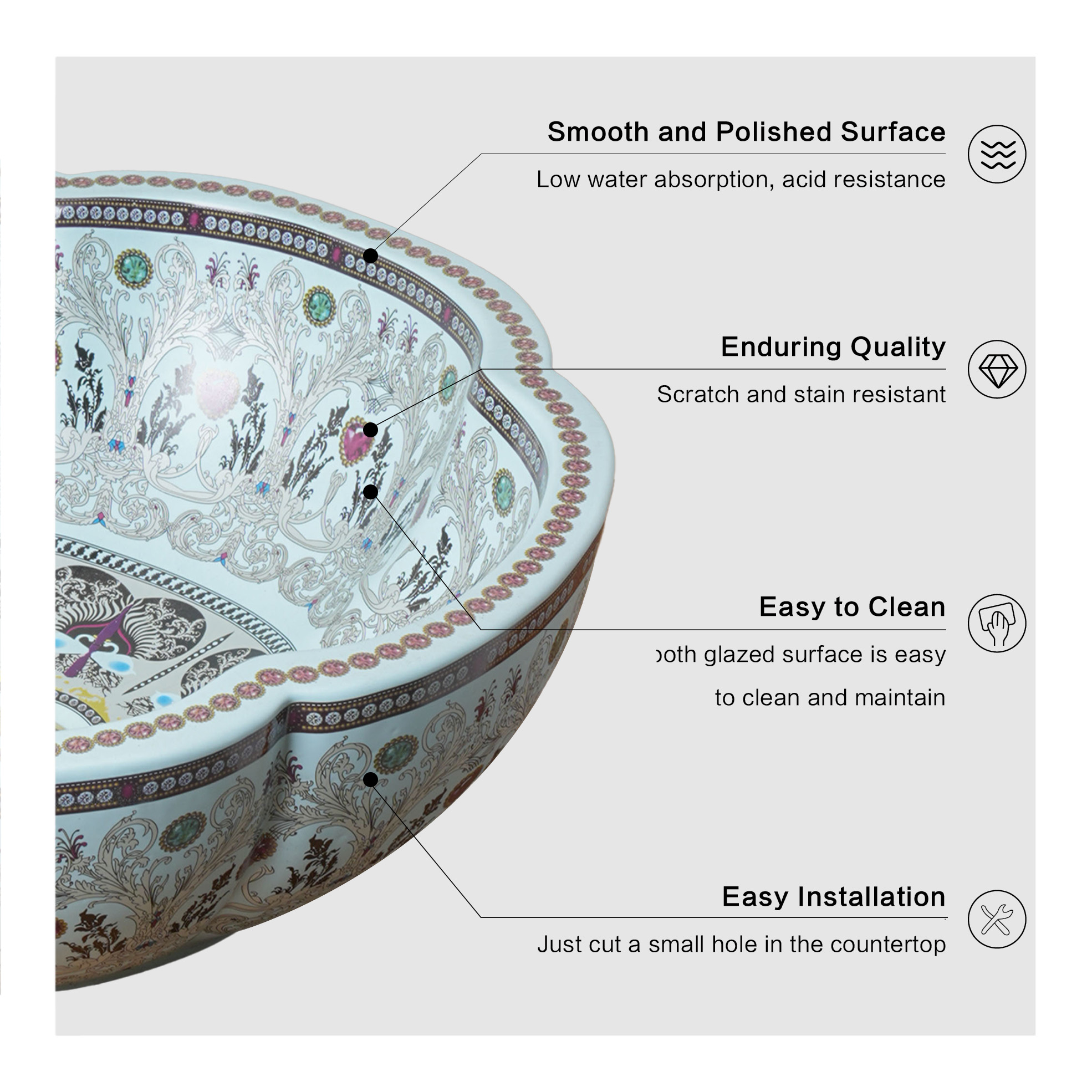 Cyan Ceramic Washbasin with Petal Print